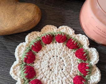Cottage-core strawberry crochet coaster