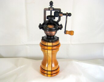 Pepper Mill Grinder Antique Style Laminated Wood Handmade Copper Mechanism
