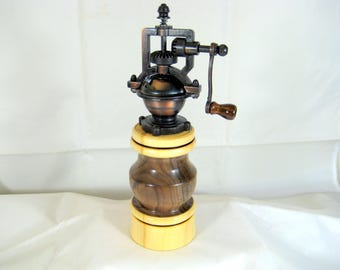 Pepper Mill Grinder Antique Style Black Walnut and Maple Wood Handmade Copper Mechanism