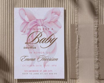 Pink and Blue Bow Baby Shower Invitations Template - Gender Reveal Canva Template - Elegant Baby Shower Design for Boy or Girl