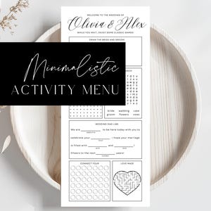 May include: A minimalist wedding activity menu with the text "Olivia & Alex" at the top. The black and white design includes games like a word search, Mad Libs, Connect Four, and a love maze. The words "Minimalistic ACTIVITY MENU" are also displayed.