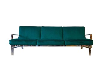 Vintage Modern Chrome Couch In Emerald Green Velvet