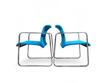 Turquoise Mohair & Chrome Tubular Chairs by Peter Protzman for Herman Miller