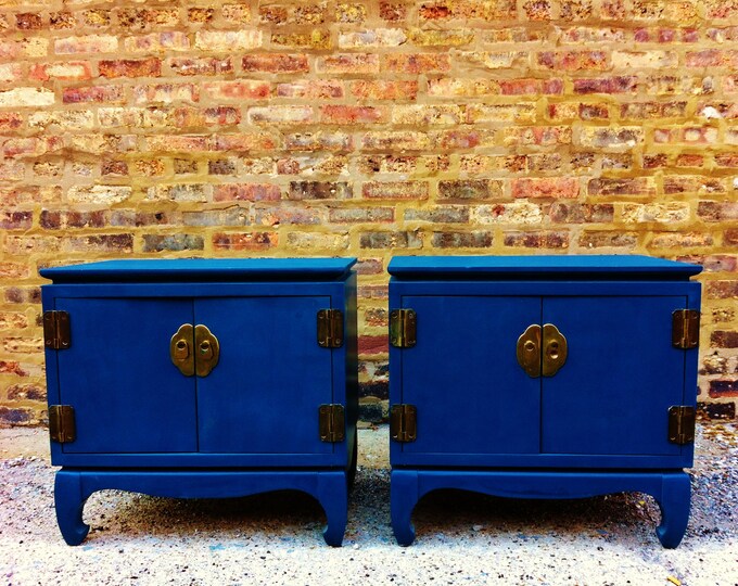 Pair of Vintage Side Tables in Sapphire Blue Etsy