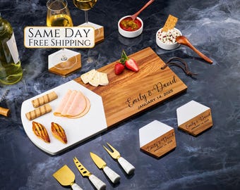 Personalized Marble Acacia Wood Charcuterie Board, Wedding Gift, Christmas Gift