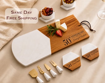 Christmas Gift, Personalized 50th Anniversary Charcuterie Board, Marble and Acacia Wood, Housewarming Thanksgiving Gift