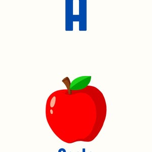 Puede incluir: Una letra A azul con una ilustración de manzana roja y la palabra "Manzana" en letras azules debajo.