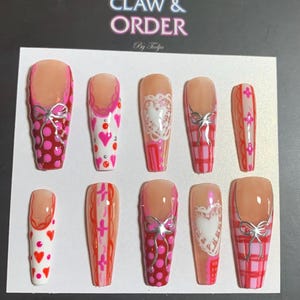 LINEN&LACE-Red and pink press on nails,pressons,long coffin nails,valentines day nails,handpainted,reusable,custom nails, plaid nails