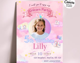 Invito di compleanno a tema unicorno. Invito magico a tema unicorno. Festa a tema unicorno. Modello modificabile. Compleanno a tema unicorno con foto. Unicorno pastello.