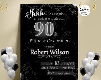 90° compleanno a sorpresa. Invito per il 90° compleanno. 90° compleanno per uomo e donna. Modello di invito. Festa per il 90° compleanno. Modello Canva.