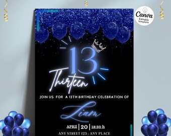 Modello di invito per il 13° compleanno al neon Canva / Invito per festa per ragazzi adolescenti modificabile / Download digitale istantaneo / Invito per il 13° compleanno blu / Festa