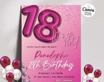 Invito per il 18° compleanno. 18° compleanno digitale. Festa per il 18° compleanno. Biglietto di auguri per il 18° compleanno. Invito modificabile per la festa del 18° compleanno. Invito rosa. Canva