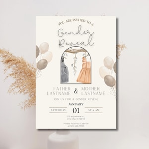 Boho Gender Reveal-uitnodiging bewerkbare Canva-sjabloon Instant Download neutrale Baby Reveal uitnodiging Boho digitale feestuitnodiging