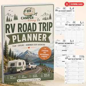 May include: A digital RV Road Trip Planner book cover featuring a white camper trailer and SUV on a mountain road, with text including Camper Living Co, RV Road Trip Planner, and For Caravans RVs Motorhomes Campers, plus four interior page layouts.