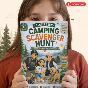 May include: A book titled Camper Crew Camping Scavenger Hunt with a cover illustration featuring two adults, a child, and a golden retriever in a forest setting. The text includes Explore, Discover & Have Fun Together, and Explore, Discover, Learn, Connect.