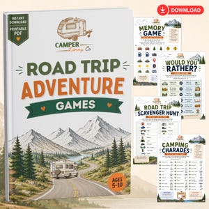 Pode incluir: Um conjunto de jogos em PDF imprimível intitulado Road Trip Adventure Games da Camper Living Co. A capa mostra uma autocaravana numa estrada sinuosa em direção às montanhas. Inclui quatro folhas de jogo: Memory Game, Would You Rather, Scavenger Hunt e Camping Charades.