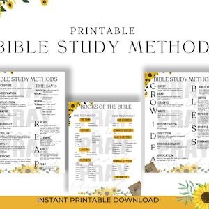 May include: Printable Bible study methods chart with the acronym SOAP, HEAR, PRAY, GROW, and PRAY. The chart lists different methods for studying the Bible, such as scripture, observation, application, prayer, highlight, explain, apply, respond, greet, read, observe, write, identification, direction, encouragement, application, bible verse, listen, explore, study & savor, and summarize & share. The chart also includes a list of books of the Bible, separated into Old Testament and New Testament.