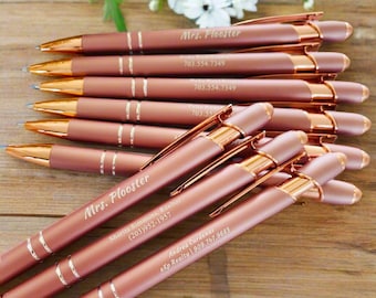 Custom Rose Gold Business Pens Engraved Text, Soft Touch Ballpoint Pen with Stylus, Personalized Marketing Office Supplies , Wedding Gift