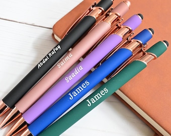 Personalized Rose Gold Trim Business Pens, Ballpoint Pen with Stylus, Engraved Name Logo Pen, Wedding Favor, Office Gift Promotional Pen