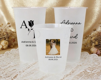 Custom Frosted Stadium Cups with Photo, Personalized Wedding Cups, Reusable Frost Flex Party Cups, Bridal Shower Engagement Wedding Favors
