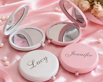 Espejo de maquillaje compacto rosa/blanco personalizado con grabado, espejo de bolsillo personalizado con nombre, regalo para ella, regalos para damas de honor, regalos de boda