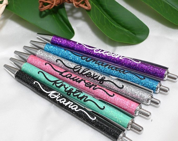 Custom Glitter Pens with Name, Wedding Bridesmaid Gift Fancy Pens, Back to School Teacher Gift, Nurse Gift, Silver Trim Sparkle Pens