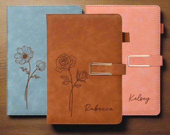Personalised A5 Vegan Leather Notebook, Custom Engraved Name Birth Flower Leather Journal, Teacher Appreciation Gifts, Travel Journal