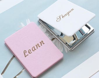 Personalized Leather Compact Mirror | Custom Engraved Rectangular Makeup Mirror with Name | Pink White Travel Mirror Gift for Her