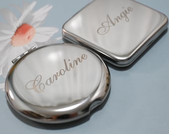 Espejo de maquillaje compacto de plata grabado personalizado, espejo de bolsillo personalizado con nombre, regalo para ella, regalos de dama de honor, regalos de boda