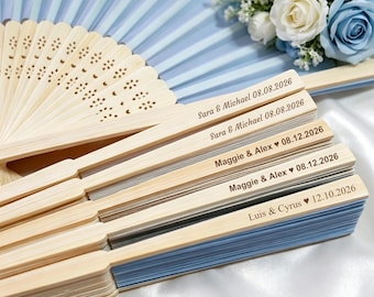 Personalized Light Blue Wedding Fans, Custom Engraved Folding Fans for Guests, Blue Hand Fans, Wedding Ceremony Favors, Bridal Shower Gifts