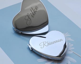 Personalized Heart Compact Mirror, Custom Engraved Silver Pocket Mirror with Name, Bridesmaid Gift, Wedding Favor, Birthday Gift for Her