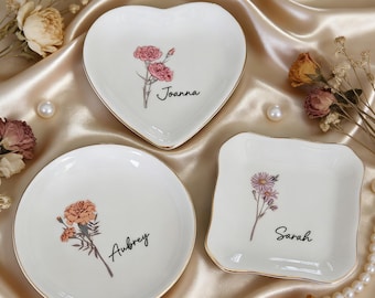 Personalized Birth Flower Jewelry Dish Custom Name Ring Dish Bridesmaid Gift Jewelry Tray Birthday Gift for Her Bridesmaid Proposal