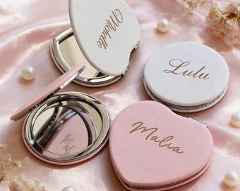 Personalized Engraved Pink/White Compact Mirror Makeup Mirror, Custom Leather Pocket Mirror with Name, Gift for Her Bridesmaid Wedding Gifts