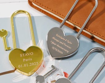 Personalized Heart Love Lock with Key, Love Padlocks, Custom Wedding Engagement Anniversary Couple Gifts, Honeymoon Gift, Paris Bridge Locks