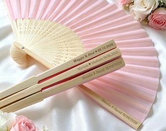 Personalized Pink Wedding Fans, Custom Engraved Folding Fans for Guests, Pink Silk Hand Fans, Wedding Ceremony Favors, Bridal Shower Gifts