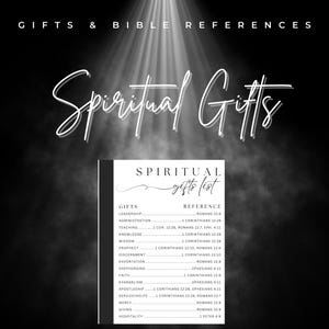 Puede incluir: Gráfico en blanco y negro con las palabras "Gifts & Bible References" y "Spiritual Gifts". Se muestra una lista de dones espirituales y sus referencias bíblicas. El texto "We all have different gifts... What's yours?" está en la parte inferior.