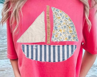 Vintage Sailboat Patchwork PNG, Coastal Summer Applique Design, Nautical Floral Stripe Boat Graphic, Beach Vacation Shirt Download