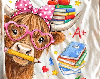 Highland Cow Teacher PNG, Back to School Cow Sublimation, Cute Teacher Cow Art PNG, A Plus School Animal Design, Trendy Classroom PNG
