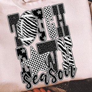 Touchdown Season PNG, Black White Game Day Shirt Design, Checkered Star Football PNG, Retro Sports Sublimation Download