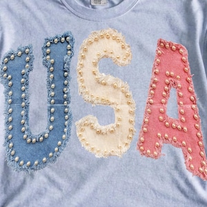 USA Pearl Patch PNG, patriottische appliqué letterontwerp, gerafeld denim rood wit blauw sublimatieafbeelding, 4 juli shirt downloaden