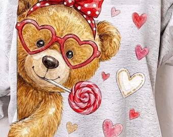 Valentine Teddy Bear PNG, Cute Lollipop Heart Glasses png, Red Bow Love Hearts Design PNG, Sweet Valentine Shirt PNG