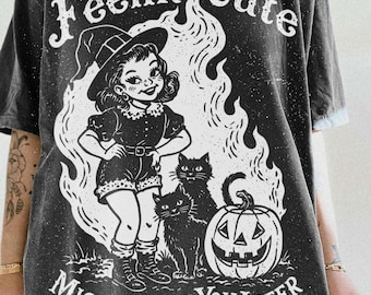 Feelin Cute Halloween PNG, Retro Witch Girl Shirt Design, Might Curse You Later Sublimation Graphic