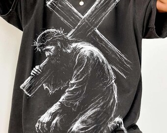 Jesus Carrying Cross Sketch PNG, Christian Faith Charcoal Art, Vintage Religious Illustration, Easter Jesus Shirt Design
