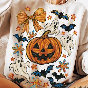 Halloweenpumpa-spöke PNG, kokett Halloween-rosett PNG, höstfladdermus-spöke PNG, sublimering av flickaktigt läskigt pumpa, söt Halloween-tröja PNG