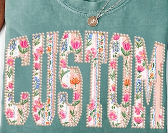 Custom Pearl Name PNG, Floral Varsity Letter Sublimation Design, Preppy Summer Boutique Shirt Graphic Download