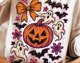 Halloween Pumpkin Ghost PNG, Coquette Halloween Bow png, Fall Bat Ghost PNG, Girly Spooky Pumpkin Sublimation, Cute Halloween Shirt PNG