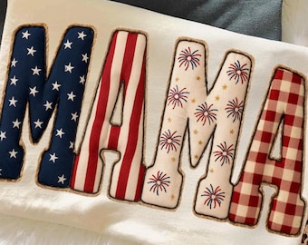 Mama 4th of July PNG, Patriotic Patchwork Letter Shirt Design, Red White Blue Fireworks Sublimation Download