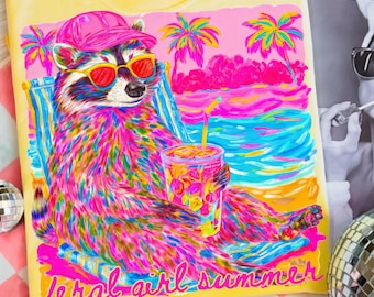 Feral Girl Summer PNG, Neon Raccoon Beach Vibes Design, Colorful Tropical Vacation Sublimation Graphic, Trendy Pool Party Shirt Download