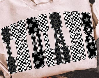 Indians Mascot PNG, School Spirit Sublimation Design, Leopard Star Checker Letters PNG, Game Day Shirt Download, Team Pride PNG