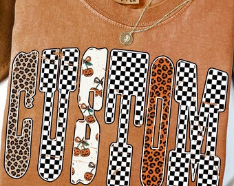 Fall Custom Letters PNG, Sublimation Design, Autumn Leopard Pumpkin Checkered Font PNG, Personalized Fall Shirt Digital Download